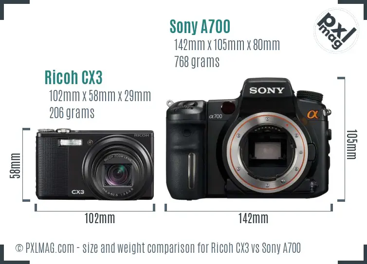 Ricoh CX3 vs Sony A700 size comparison