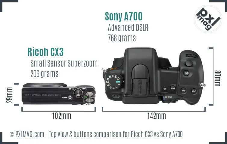 Ricoh CX3 vs Sony A700 top view buttons comparison