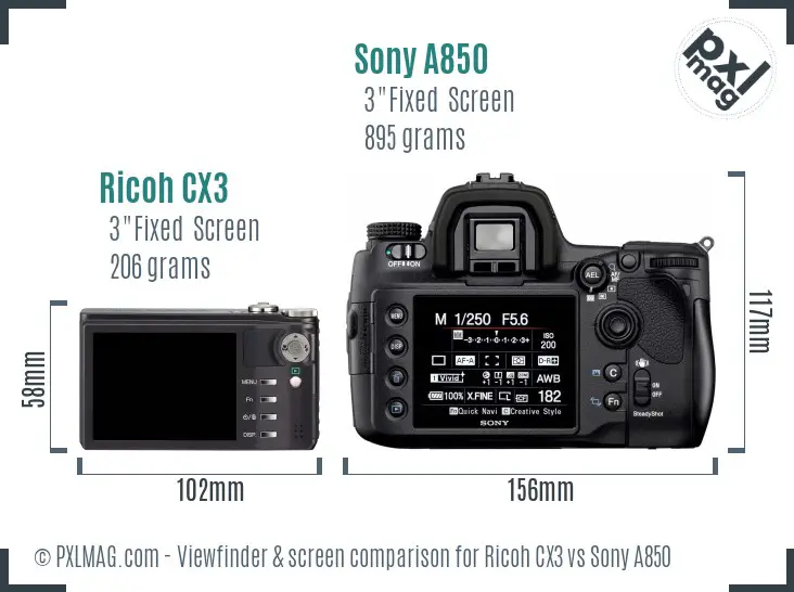 Ricoh CX3 vs Sony A850 Screen and Viewfinder comparison