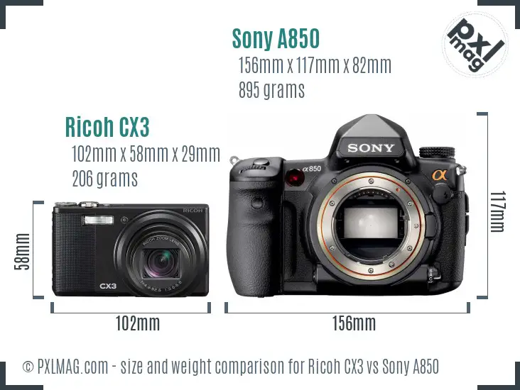 Ricoh CX3 vs Sony A850 size comparison
