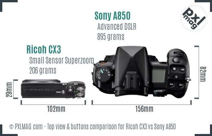 Ricoh CX3 vs Sony A850 top view buttons comparison