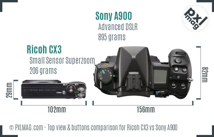 Ricoh CX3 vs Sony A900 top view buttons comparison