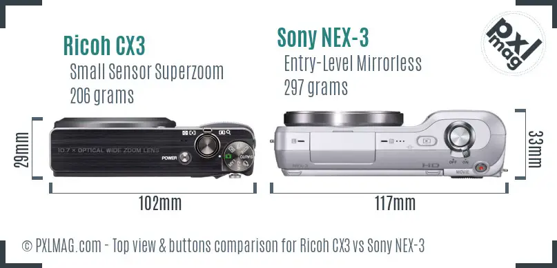 Ricoh CX3 vs Sony NEX-3 top view buttons comparison