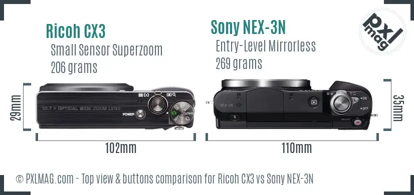 Ricoh CX3 vs Sony NEX-3N top view buttons comparison