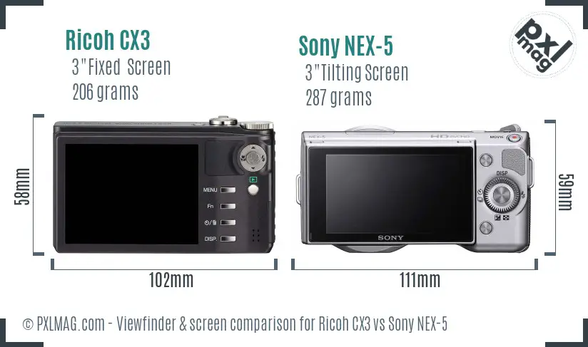 Ricoh CX3 vs Sony NEX-5 Screen and Viewfinder comparison