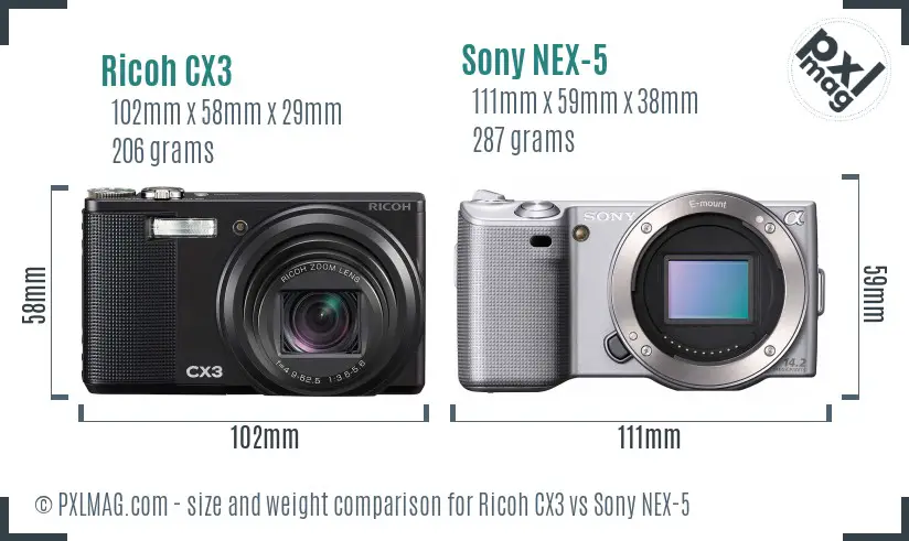 Ricoh CX3 vs Sony NEX-5 size comparison