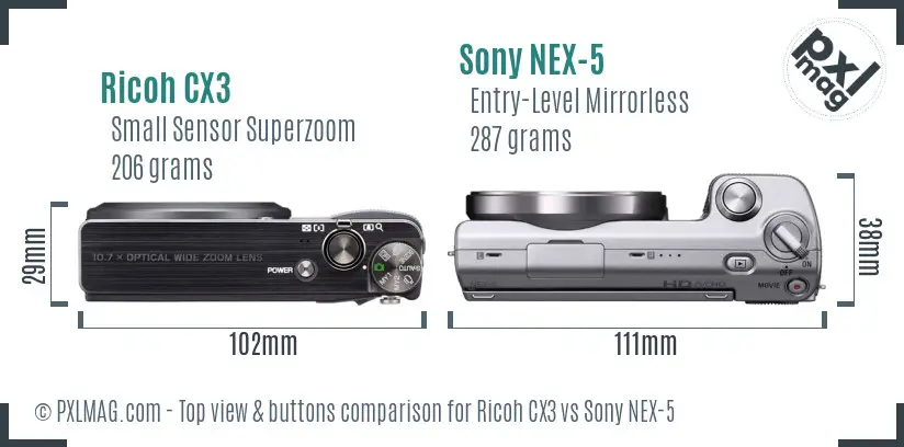 Ricoh CX3 vs Sony NEX-5 top view buttons comparison