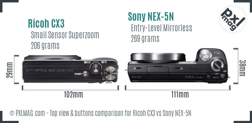 Ricoh CX3 vs Sony NEX-5N top view buttons comparison