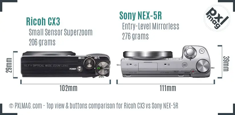 Ricoh CX3 vs Sony NEX-5R top view buttons comparison
