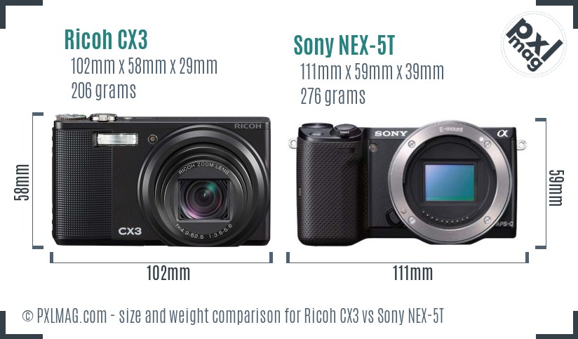 Ricoh CX3 vs Sony NEX-5T size comparison