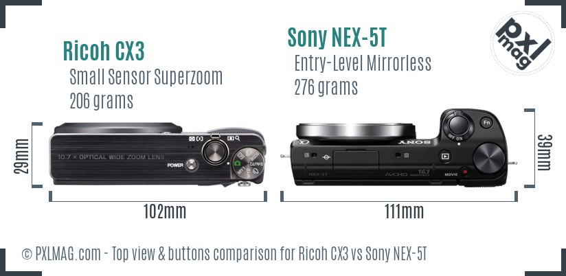 Ricoh CX3 vs Sony NEX-5T top view buttons comparison