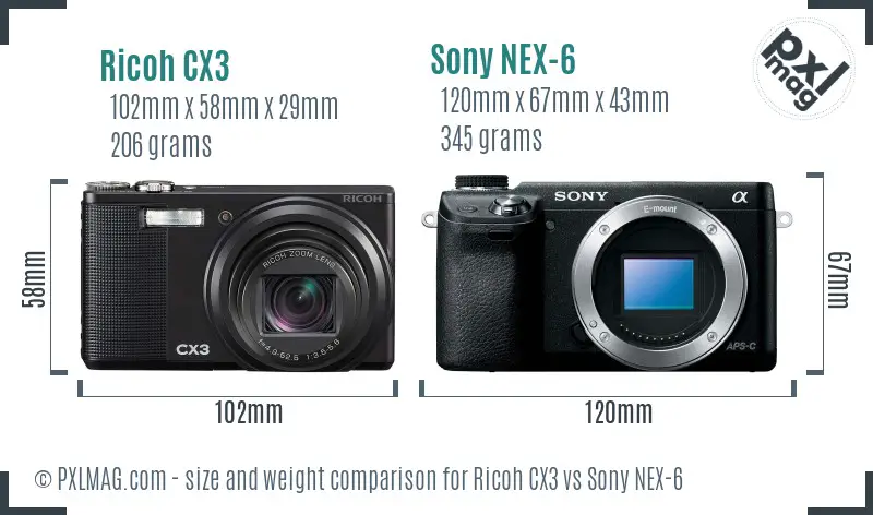 Ricoh CX3 vs Sony NEX-6 size comparison