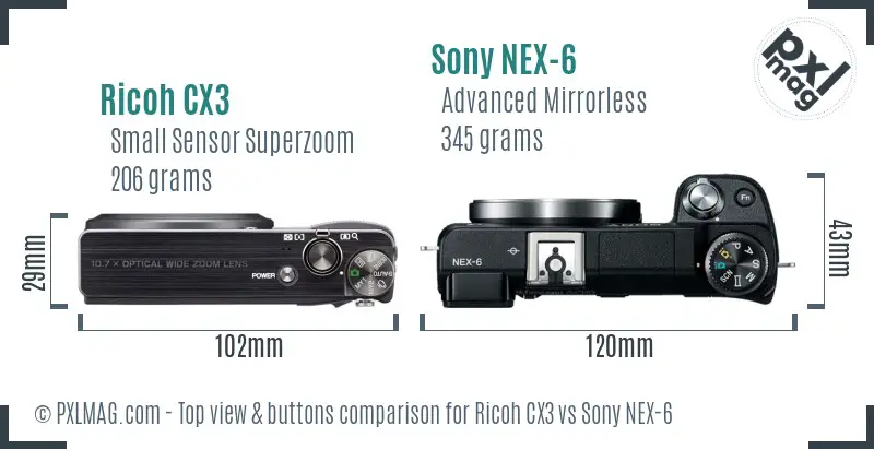 Ricoh CX3 vs Sony NEX-6 top view buttons comparison