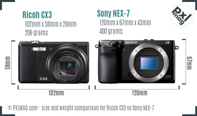 Ricoh CX3 vs Sony NEX-7 size comparison