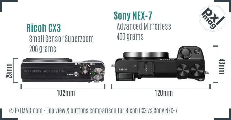 Ricoh CX3 vs Sony NEX-7 top view buttons comparison