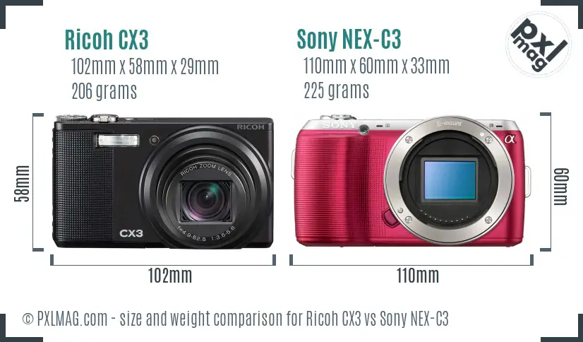 Ricoh CX3 vs Sony NEX-C3 size comparison