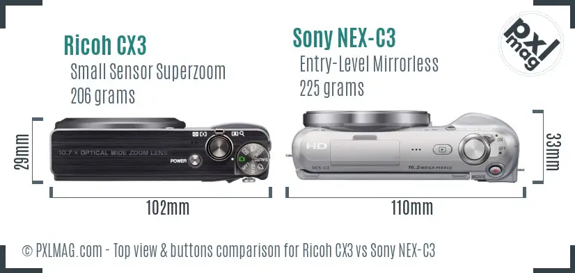 Ricoh CX3 vs Sony NEX-C3 top view buttons comparison