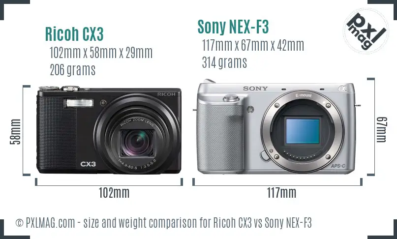 Ricoh CX3 vs Sony NEX-F3 size comparison