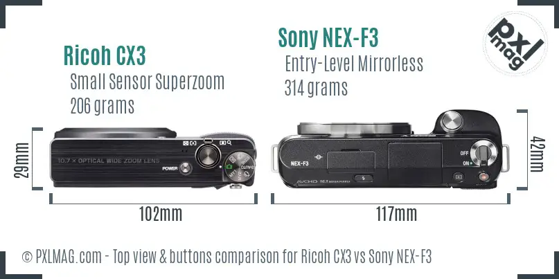 Ricoh CX3 vs Sony NEX-F3 top view buttons comparison