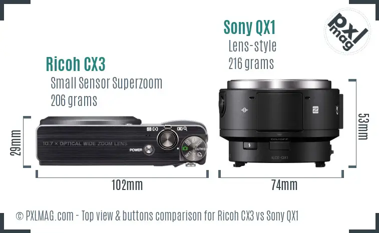 Ricoh CX3 vs Sony QX1 top view buttons comparison Ricoh CX3 vs Sony QX1 top view buttons comparison