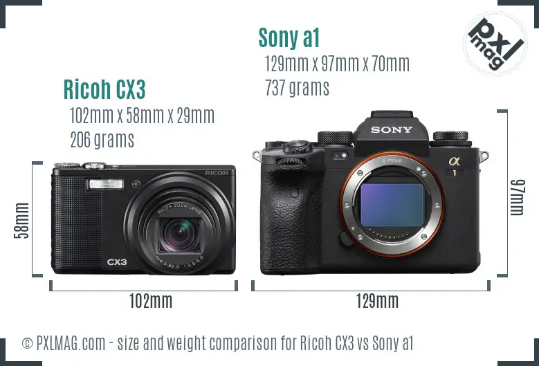 Ricoh CX3 vs Sony a1 size comparison