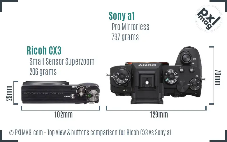 Ricoh CX3 vs Sony a1 top view buttons comparison