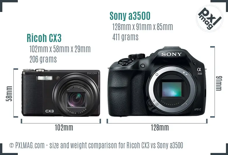 Ricoh CX3 vs Sony a3500 size comparison