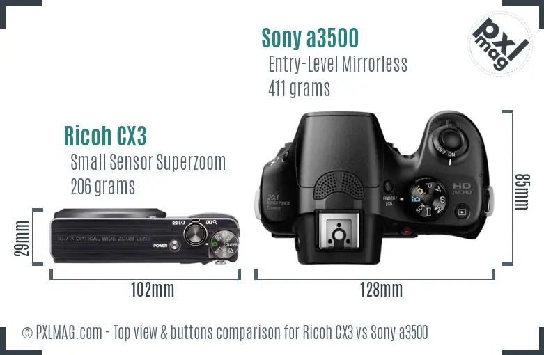 Ricoh CX3 vs Sony a3500 top view buttons comparison