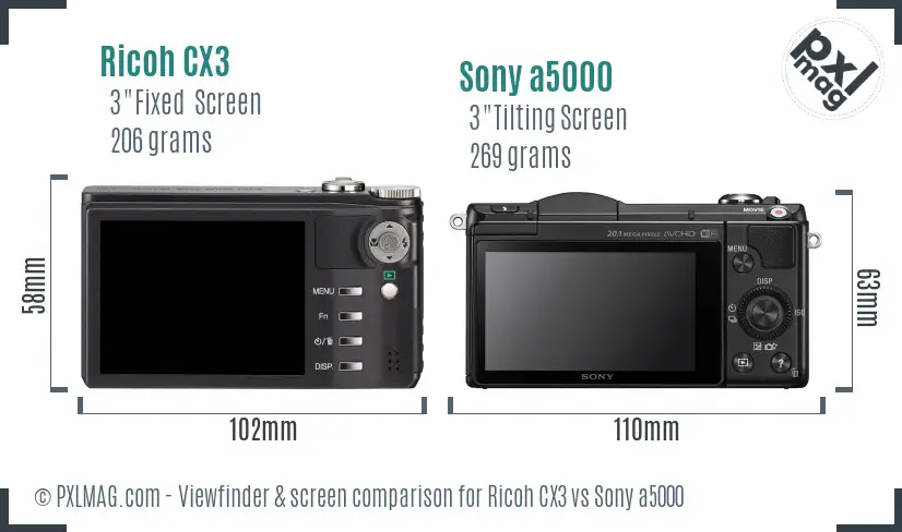 Ricoh CX3 vs Sony a5000 Screen and Viewfinder comparison