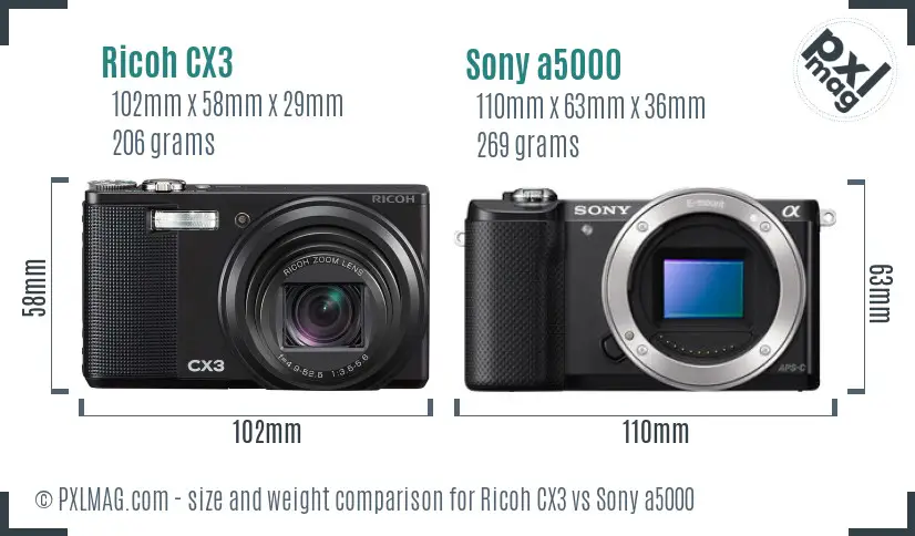 Ricoh CX3 vs Sony a5000 size comparison