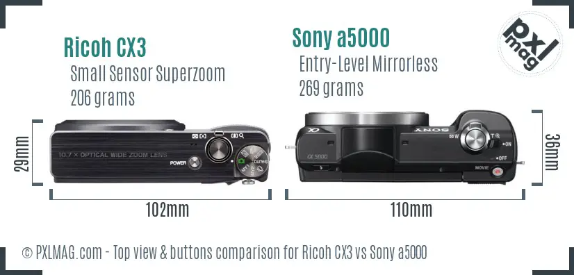 Ricoh CX3 vs Sony a5000 top view buttons comparison