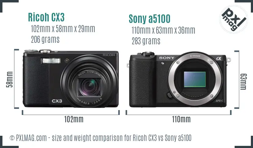 Ricoh CX3 vs Sony a5100 size comparison