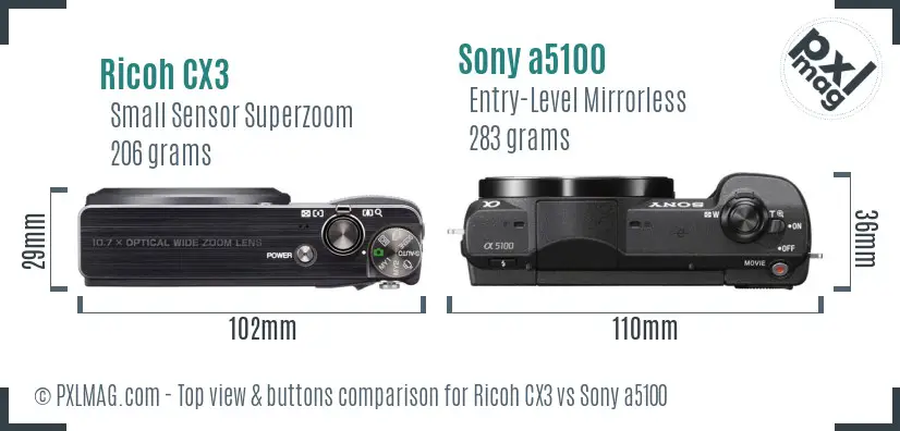 Ricoh CX3 vs Sony a5100 top view buttons comparison