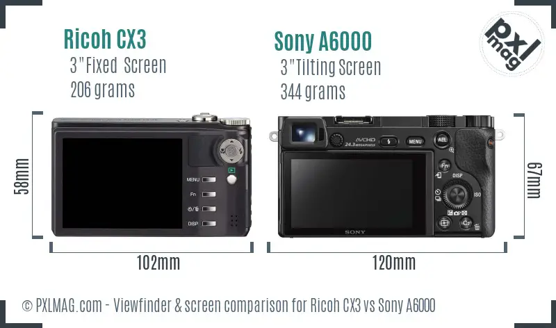 Ricoh CX3 vs Sony A6000 Screen and Viewfinder comparison