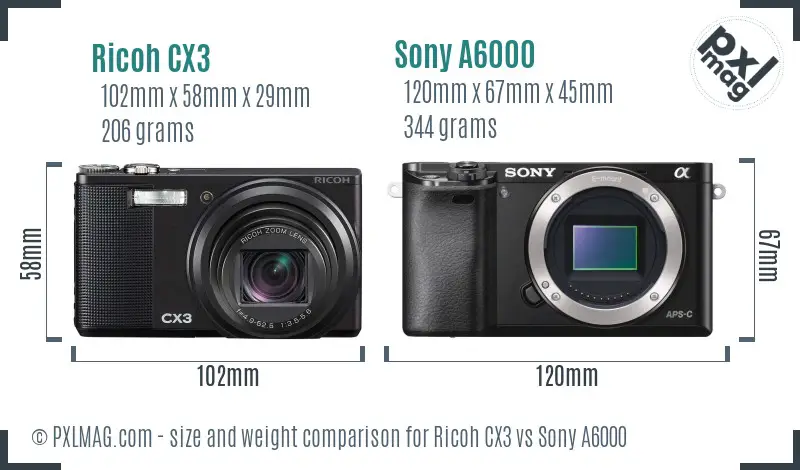 Ricoh CX3 vs Sony A6000 size comparison