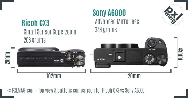 Ricoh CX3 vs Sony A6000 top view buttons comparison