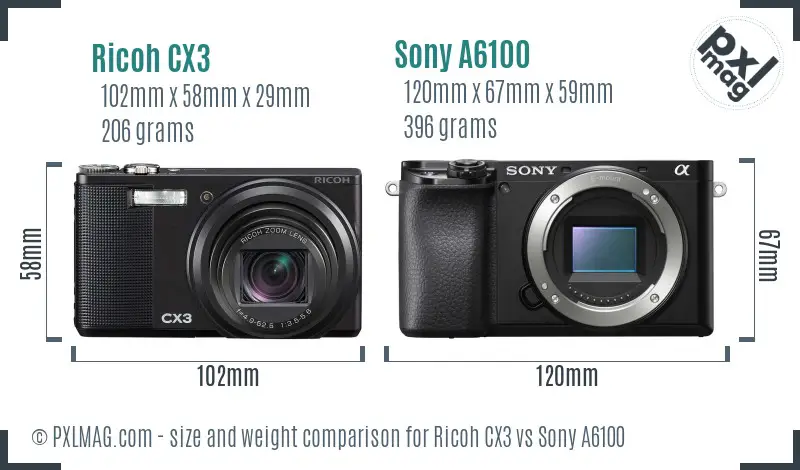 Ricoh CX3 vs Sony A6100 size comparison