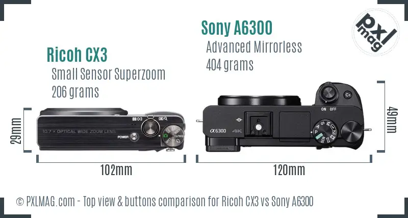 Ricoh CX3 vs Sony A6300 top view buttons comparison