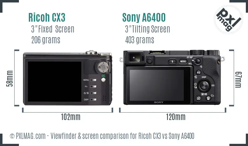 Ricoh CX3 vs Sony A6400 Screen and Viewfinder comparison