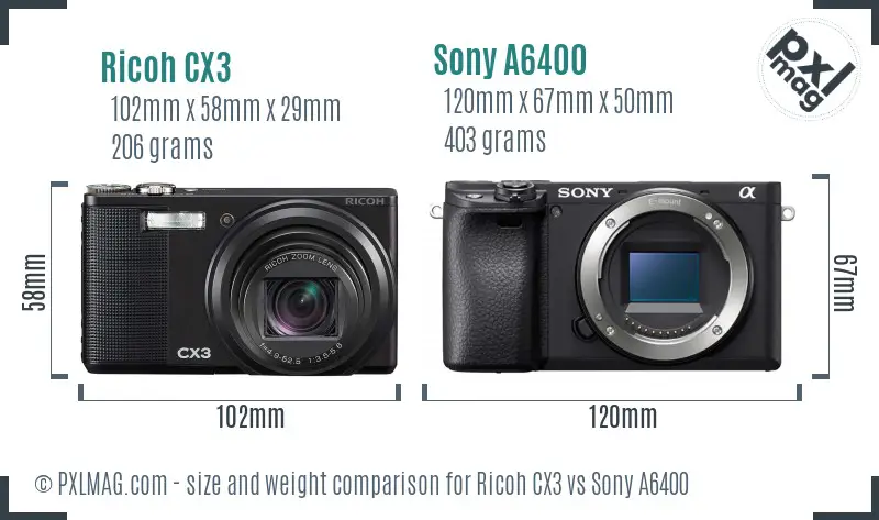 Ricoh CX3 vs Sony A6400 size comparison