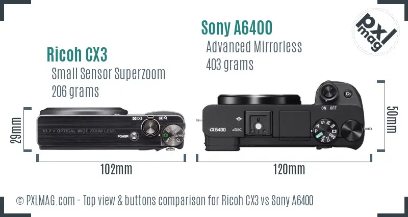 Ricoh CX3 vs Sony A6400 top view buttons comparison