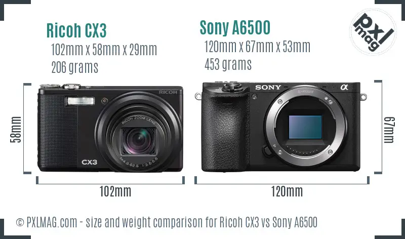 Ricoh CX3 vs Sony A6500 size comparison