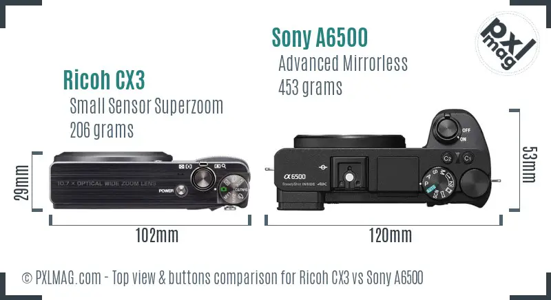 Ricoh CX3 vs Sony A6500 top view buttons comparison