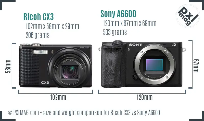 Ricoh CX3 vs Sony A6600 size comparison