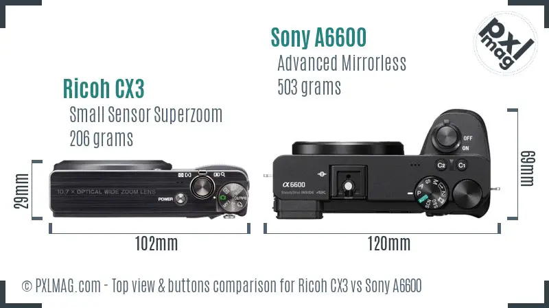 Ricoh CX3 vs Sony A6600 top view buttons comparison