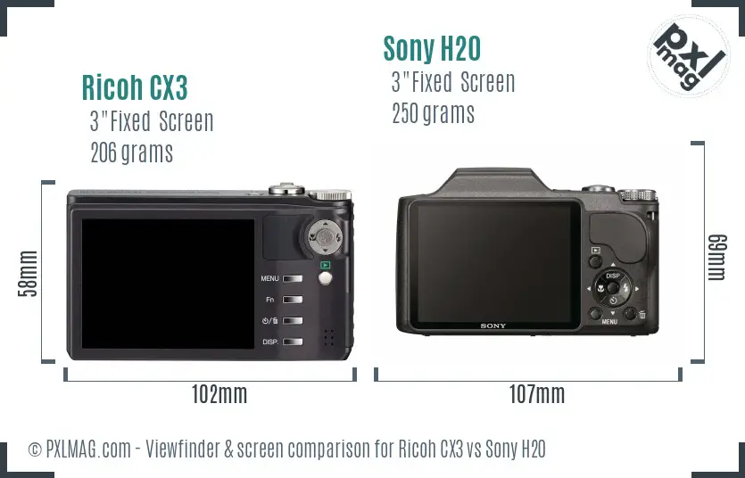 Ricoh CX3 vs Sony H20 Screen and Viewfinder comparison