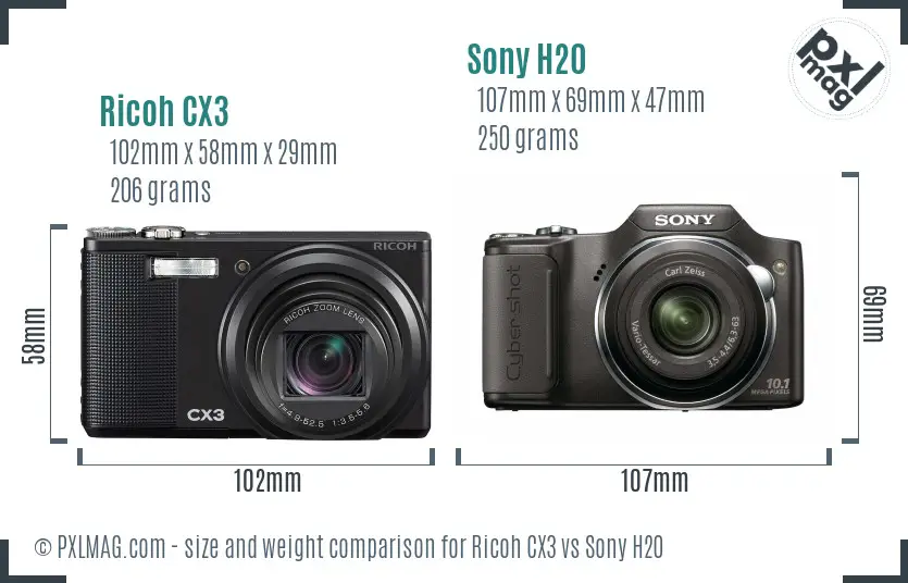 Ricoh CX3 vs Sony H20 size comparison