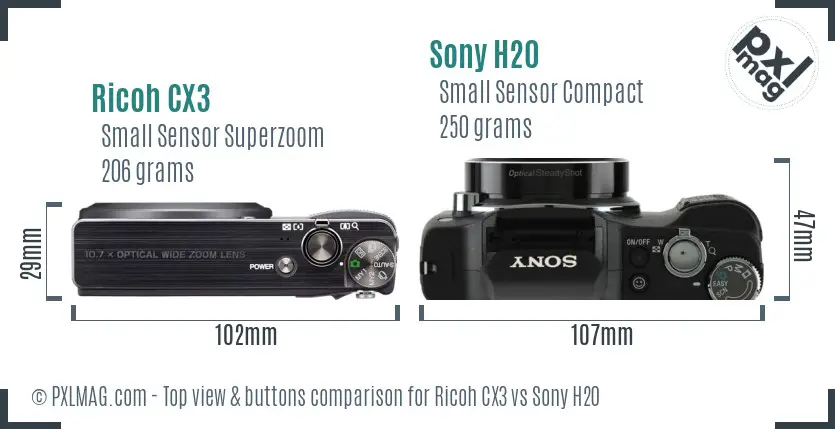 Ricoh CX3 vs Sony H20 top view buttons comparison