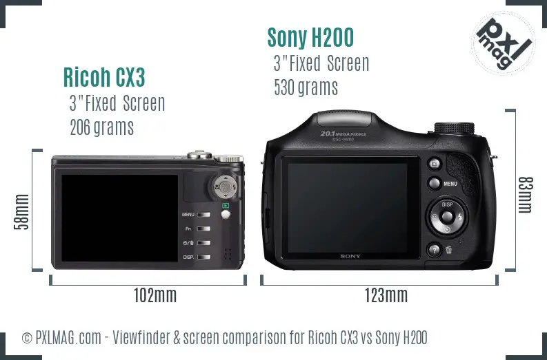 Ricoh CX3 vs Sony H200 Screen and Viewfinder comparison