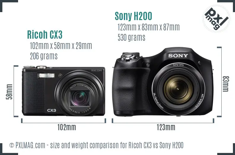 Ricoh CX3 vs Sony H200 size comparison